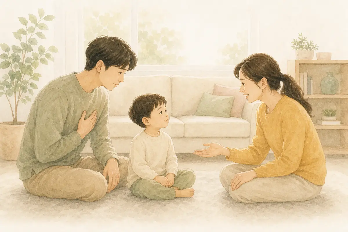 아이 앞에서 두 보호자가 낮은 눈높이와 열린 손짓으로 차분히 관계 회복을 보여 주는 수채 일러스트