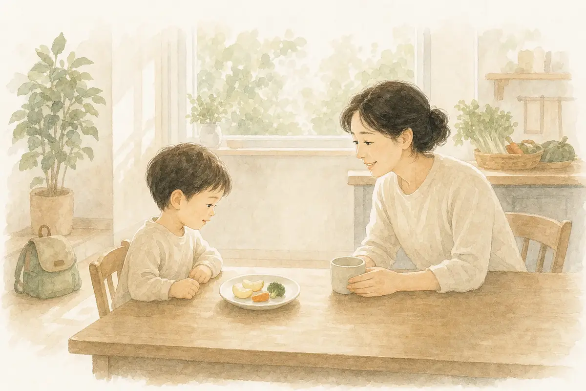 하원한 아이가 작은 간식 접시를 살펴보고 보호자가 물컵과 함께 기다려 주는 수채 일러스트