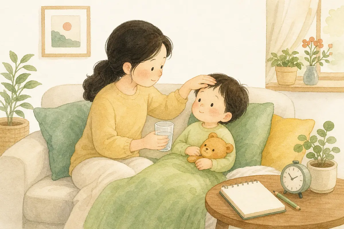 예방접종 뒤 쉬는 아이에게 보호자가 물을 건네며 상태를 살피는 수채 일러스트