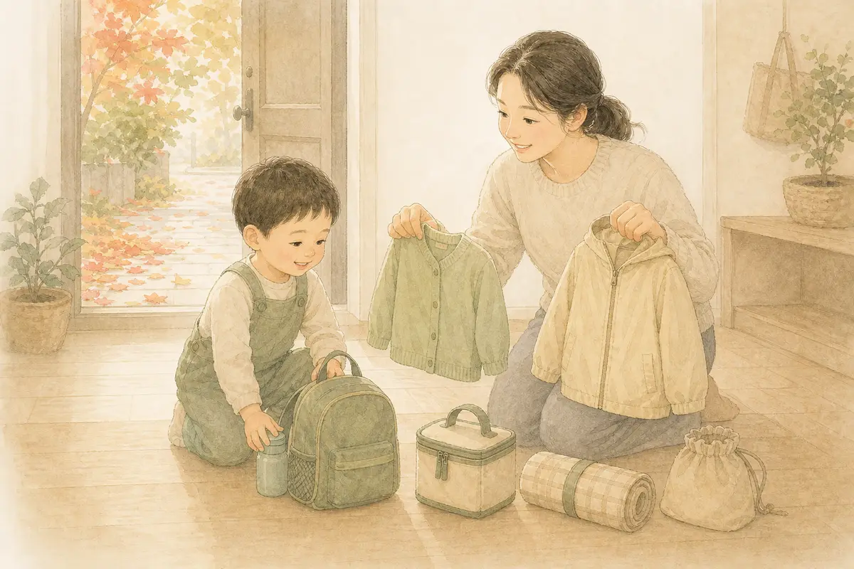 아이와 보호자가 가을 아침 현관에서 겹옷과 물, 간식과 돗자리를 함께 챙기는 수채 일러스트