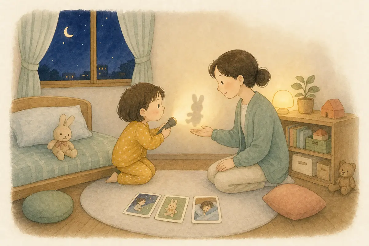아이가 따뜻한 수면등 아래에서 손전등으로 토끼 인형 그림자를 확인하고 보호자가 기다려 주는 수채 일러스트
