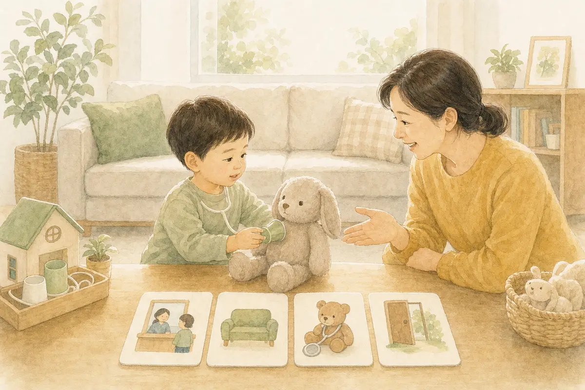 아이가 보호자와 인형 병원놀이로 진료 순서를 차분히 예습하는 수채 일러스트