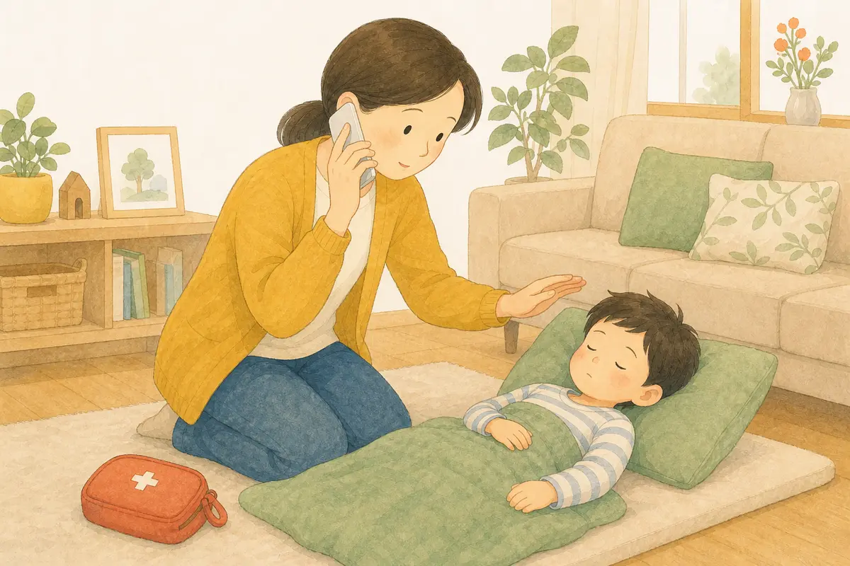 보호자가 119에 전화하며 안전한 곳에 누운 아이의 반응을 살피는 수채 일러스트
