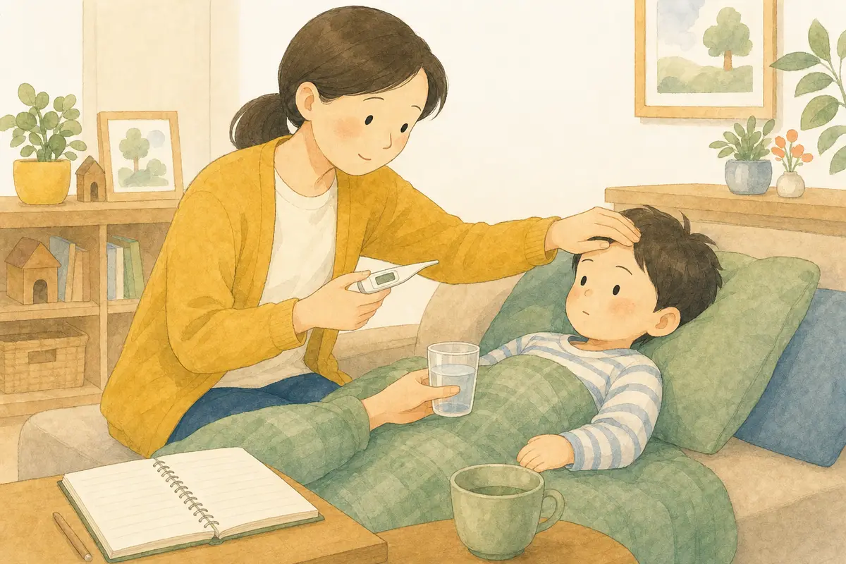 부모가 쉬는 아이의 상태와 체온을 살피고 물을 건네는 수채 일러스트