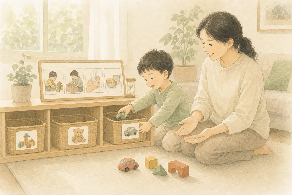 아이가 사진 라벨을 보고 자동차를 바구니에 정리하고 보호자가 기다려 주는 수채 일러스트