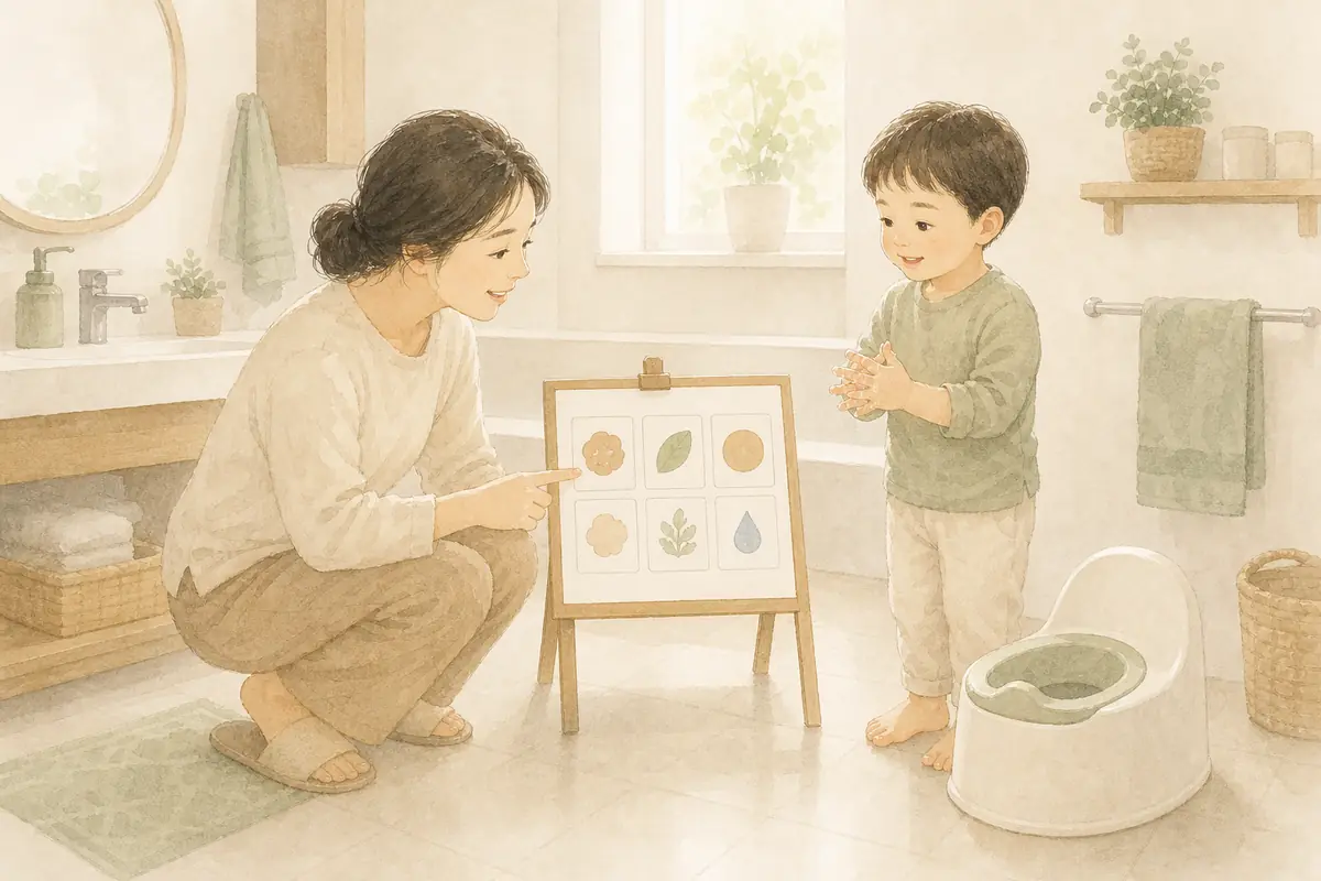 보호자와 아이가 유아용 변기 곁에서 글자 없는 관찰 카드를 함께 살펴보는 수채 일러스트