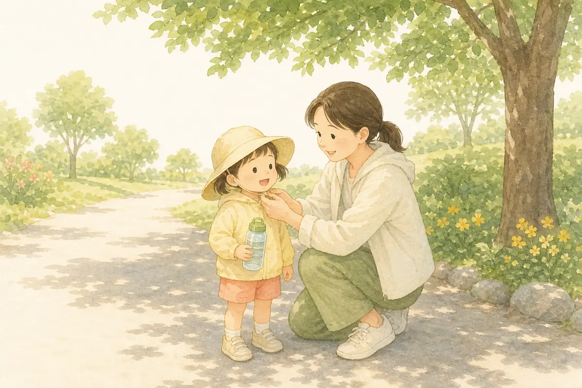 나무 그늘에서 보호자가 아이의 넓은 챙 모자와 가벼운 긴 옷을 챙겨 주는 수채 일러스트
