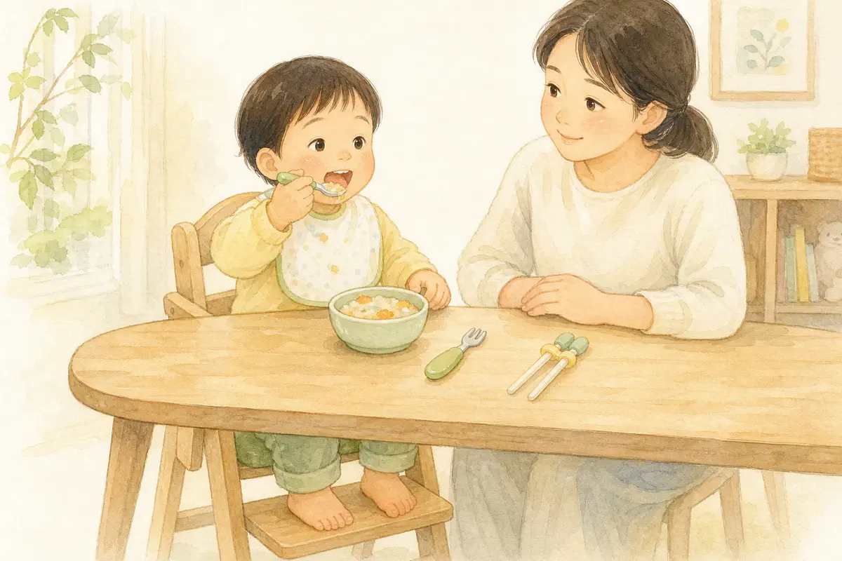 아이가 발을 받치고 스스로 숟가락을 쓰는 동안 보호자가 기다려 주는 수채 일러스트