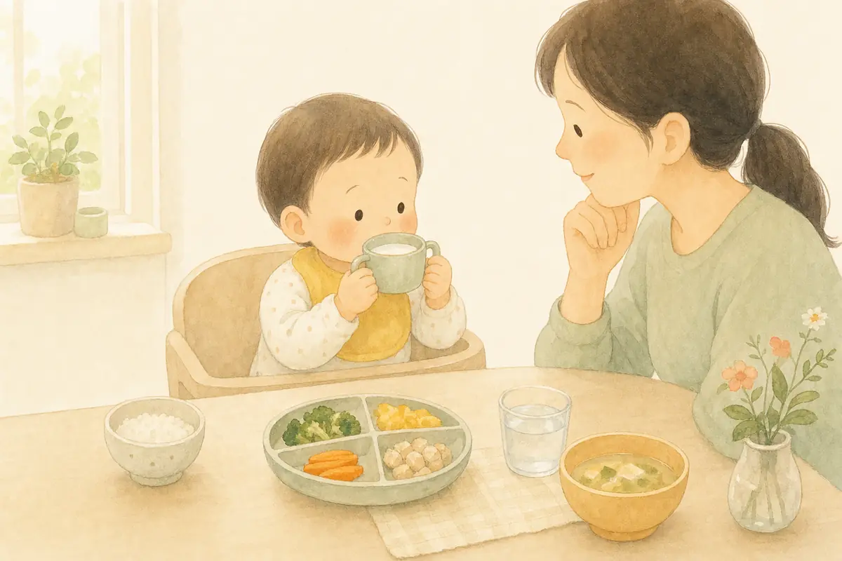 돌이 지난 아이가 작은 컵의 흰 우유를 천천히 마셔 보고 보호자가 기다려 주는 수채 일러스트