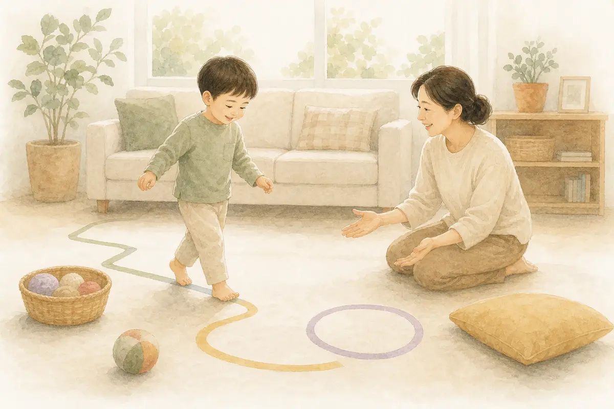 아이가 보호자와 안전한 거실에서 짧은 실내 움직임을 즐기는 수채 일러스트