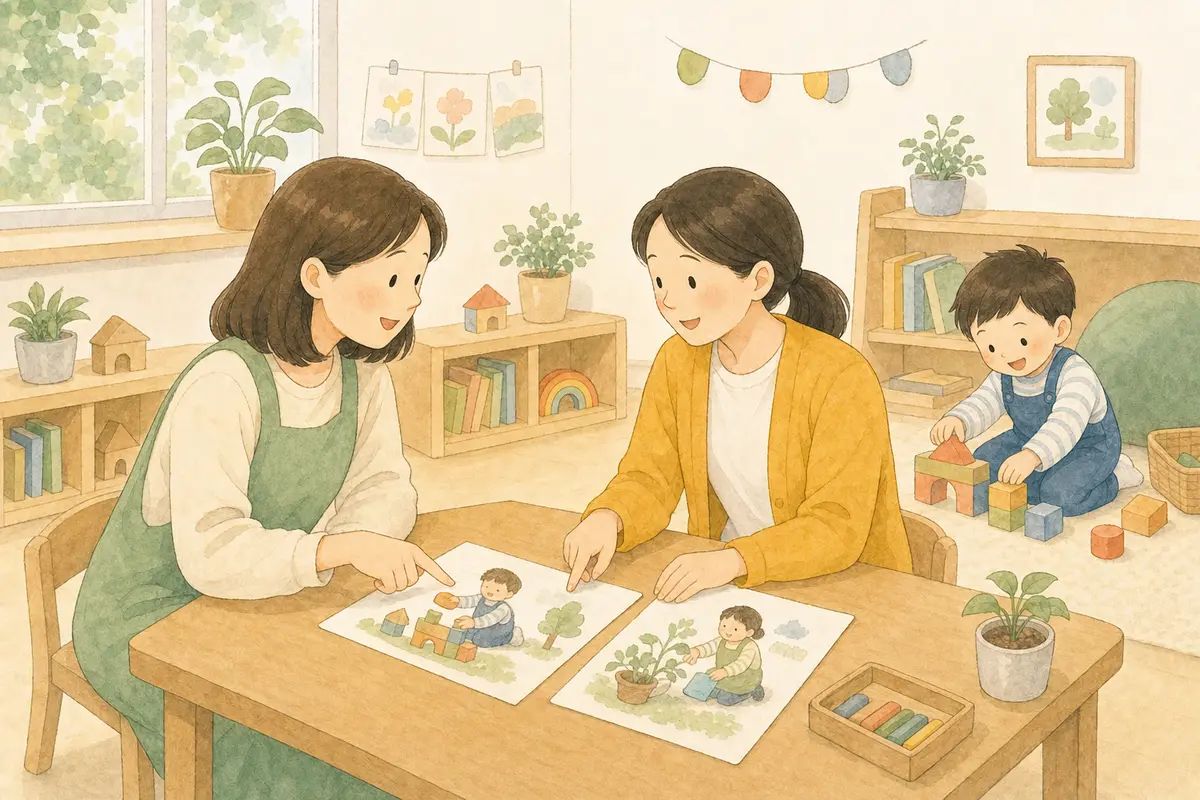 교사와 부모가 교실에서 아이의 놀이 관찰 그림을 함께 살펴보는 수채 일러스트
