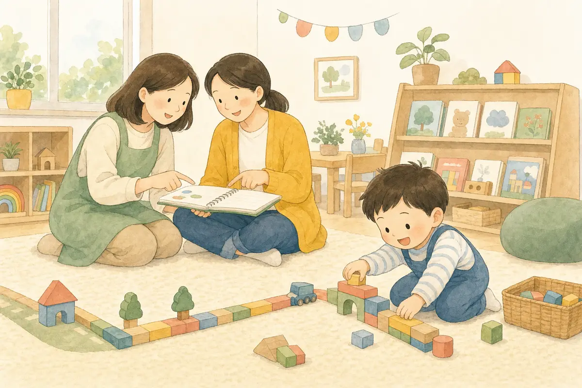 교사와 부모가 관찰 기록을 함께 보며 블록 놀이하는 아이의 강점을 나누는 수채 일러스트