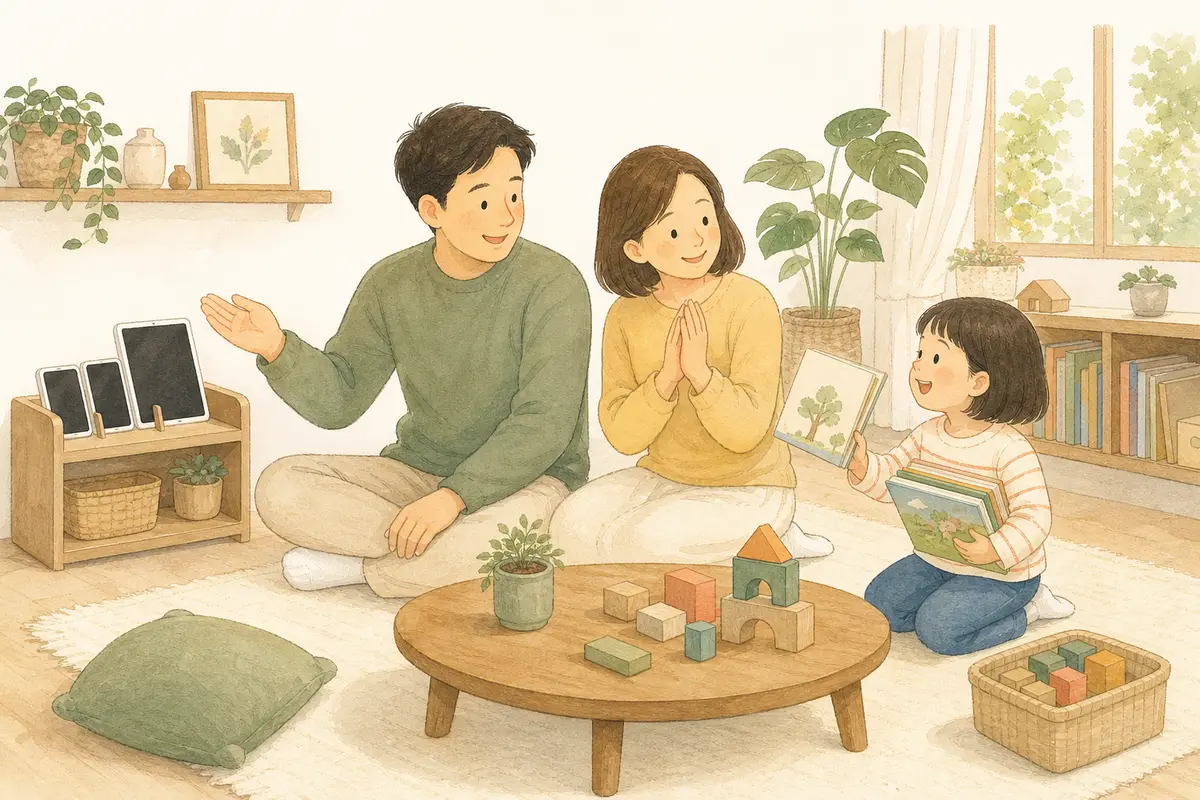 가족이 휴대전화를 충전대에 두고 아이와 책과 블록 놀이를 시작하는 수채 일러스트