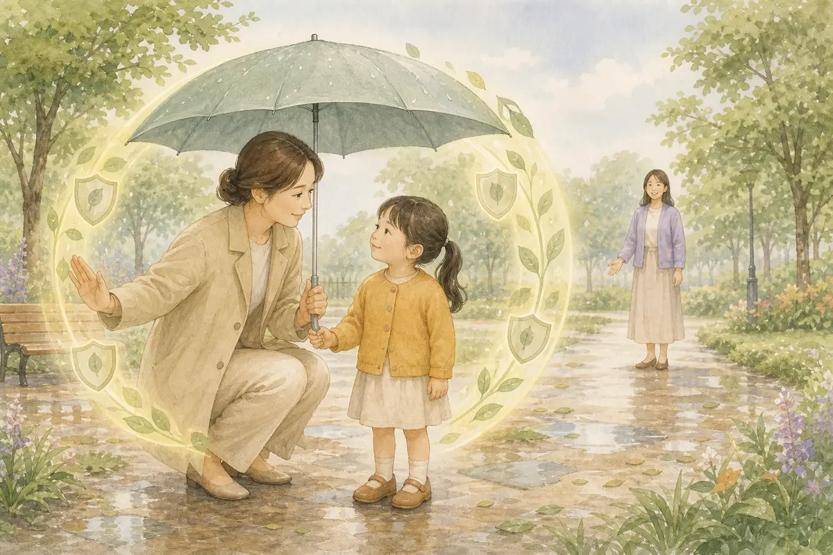 큰 우산 아래 아이와 보호자가 손을 잡고 보호와 존중의 경계를 보여 주는 수채 일러스트