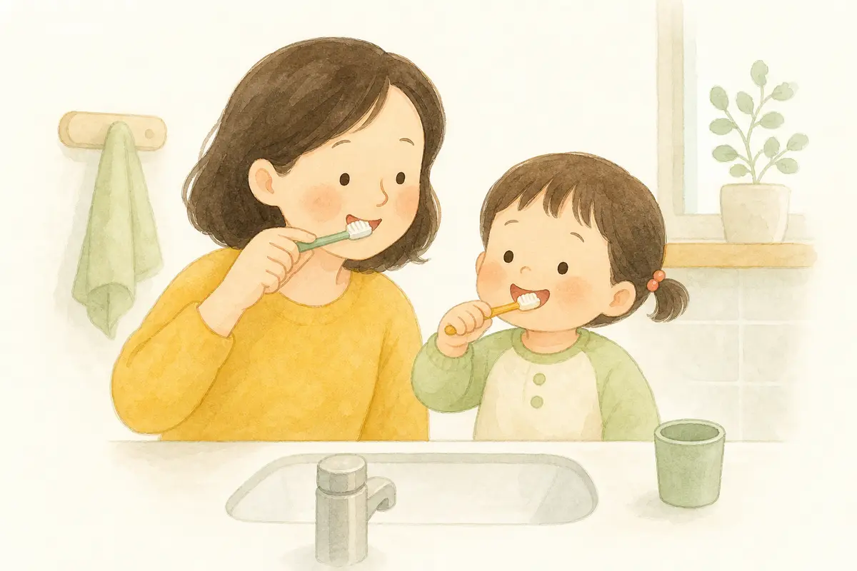 보호자와 아이가 욕실 거울 앞에서 함께 이를 닦는 수채 일러스트