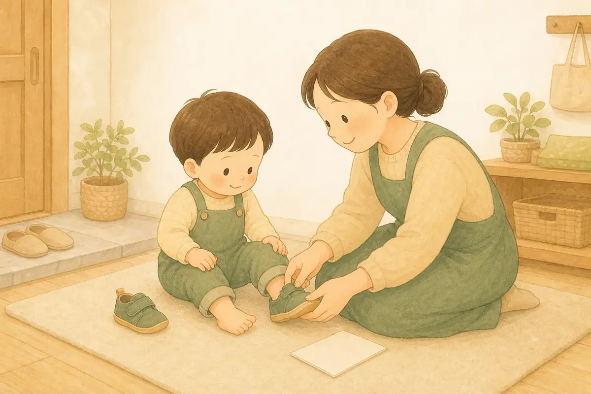 보호자가 걸음마 아이의 첫 신발 앞 여유와 뒤꿈치 맞음새를 살피는 수채 일러스트