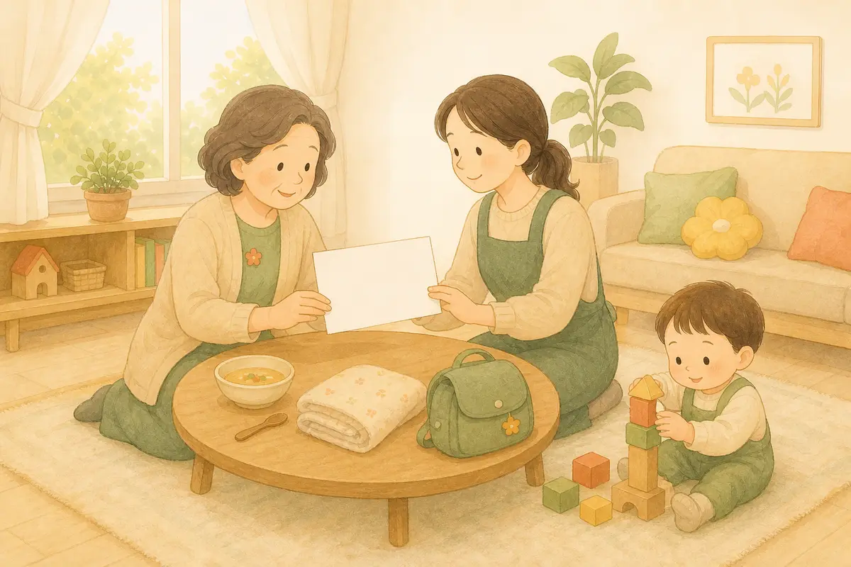 보호자와 조부모가 아이의 돌봄 인수인계 시트를 함께 확인하는 수채 일러스트