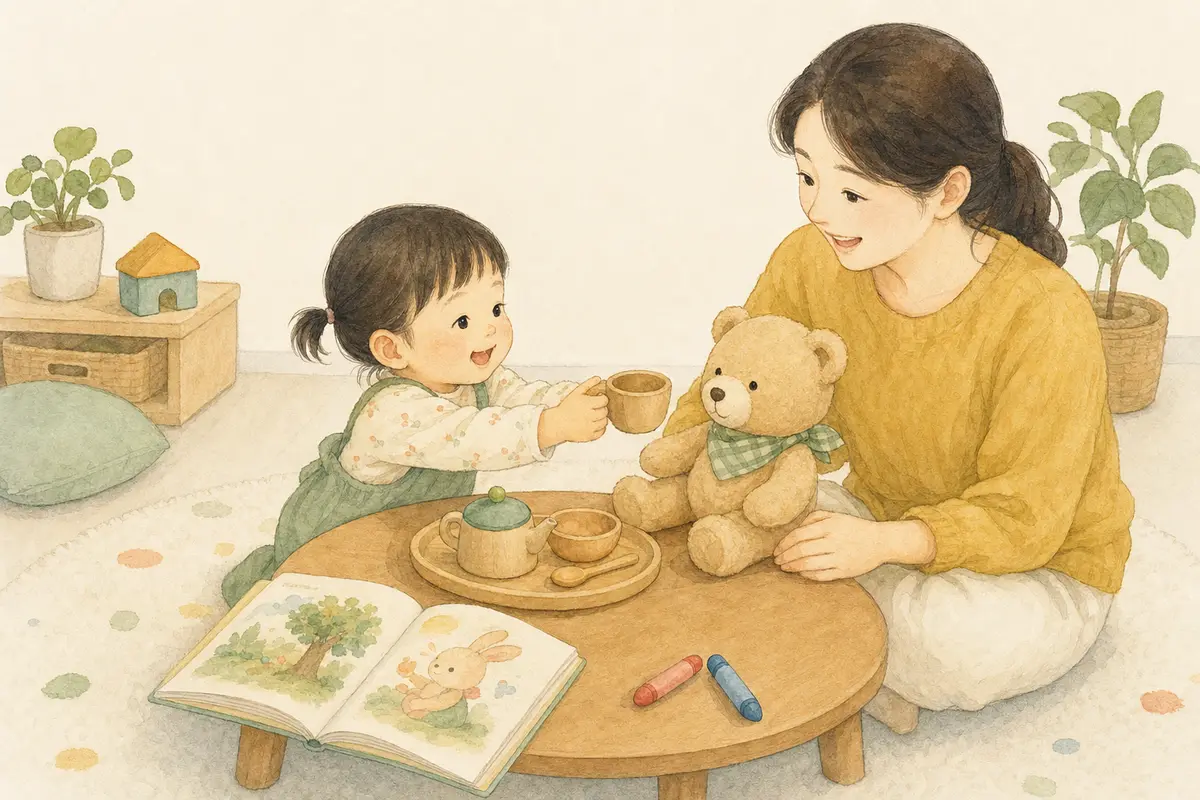 생후 24~30개월 아이가 보호자와 곰인형 찻잔 역할놀이를 하는 수채 일러스트