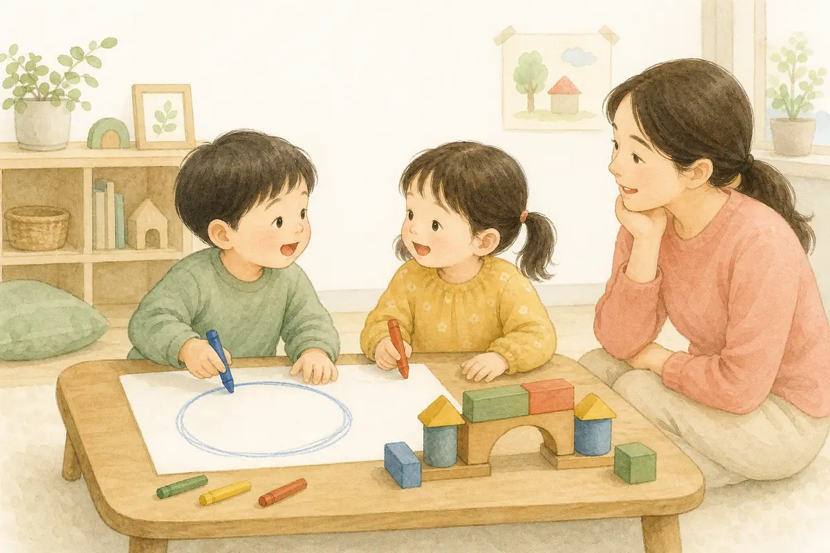 만 3~4세 아이들이 원을 그리고 블록 다리를 만들며 대화하는 수채 일러스트