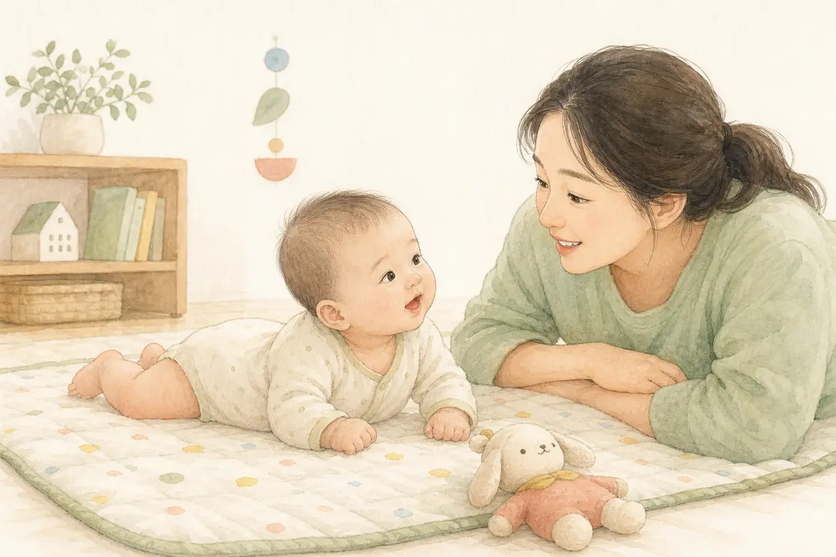 생후 3~6개월 아기가 보호자와 마주 보며 엎드려 노는 수채 일러스트