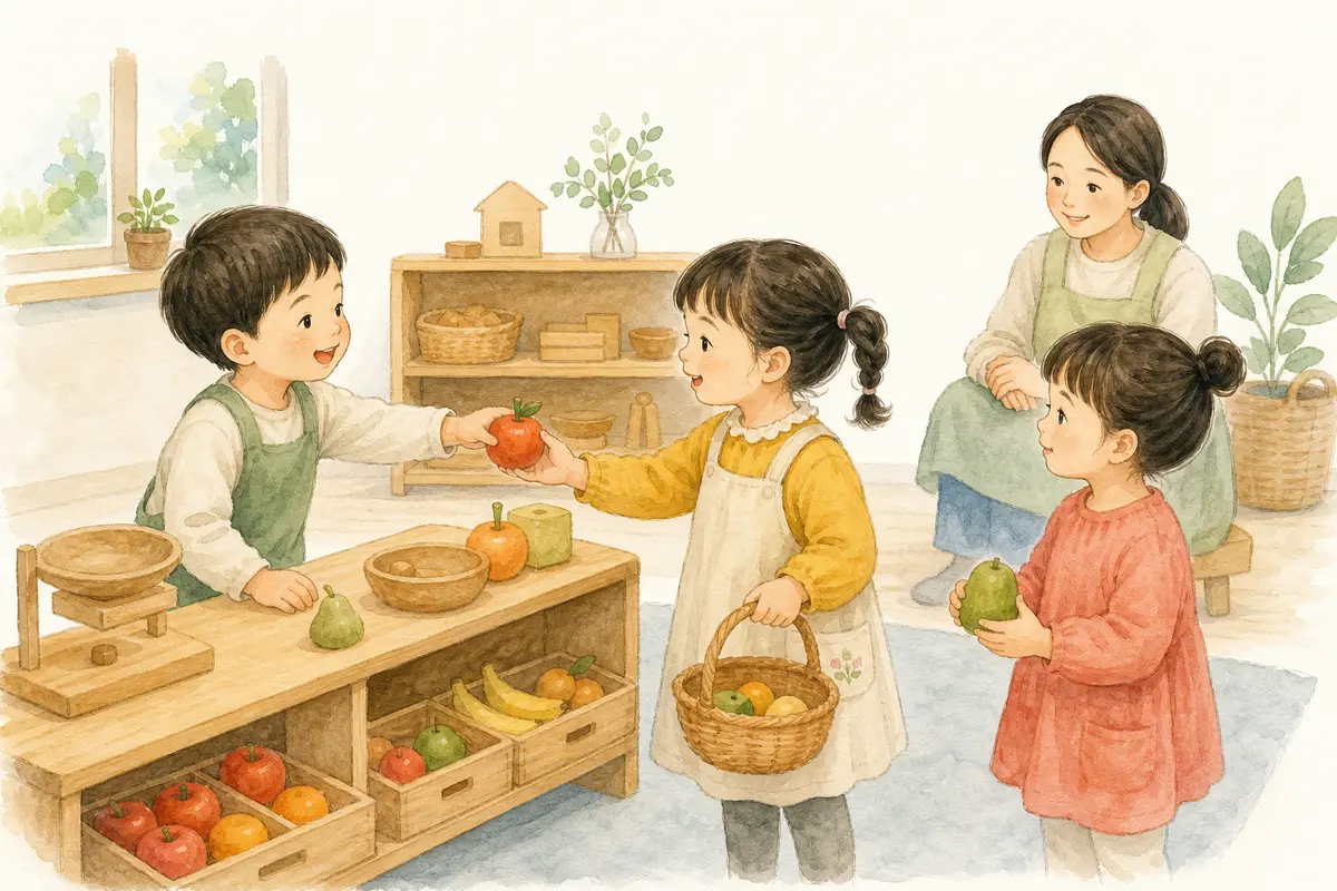 만 4~5세 아이들이 교실에서 차례를 지키며 가게 역할놀이를 하는 수채 일러스트