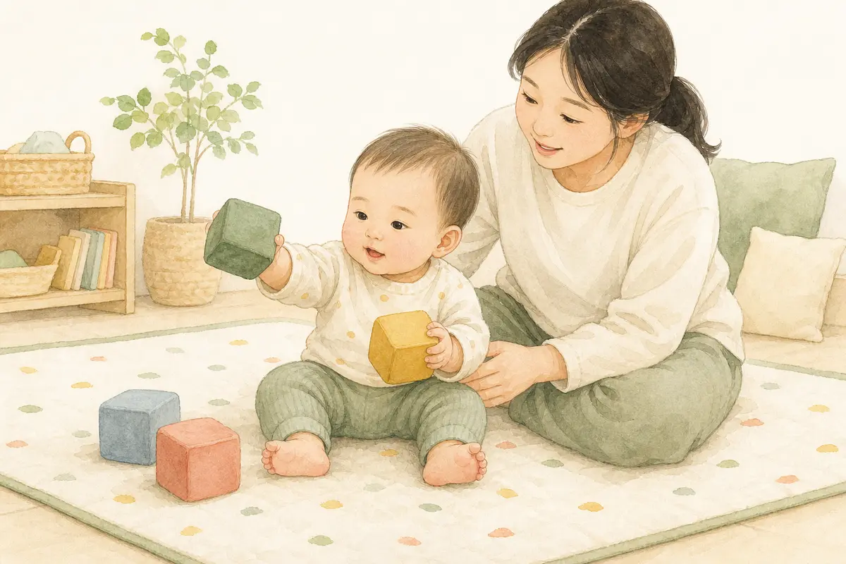 생후 6~9개월 아기가 보호자 곁에서 앉아 큰 블록을 옮겨 잡는 수채 일러스트
