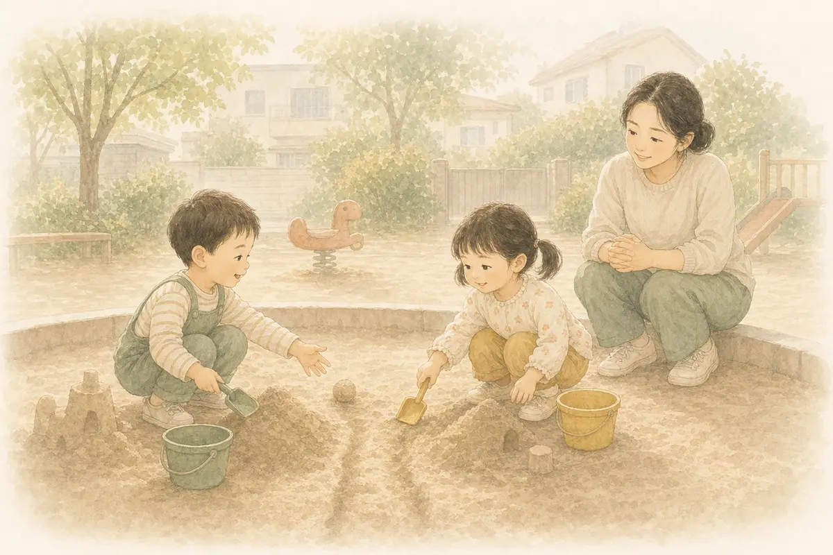 두 아이가 모래 놀잇감을 나란히 사용하며 자연스럽게 놀이를 잇고 보호자가 기다려 주는 수채 일러스트