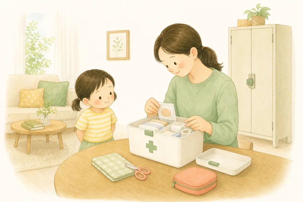 보호자가 아이와 안전한 거리를 두고 가정용 구급상자의 포장 상태를 점검하는 수채 일러스트