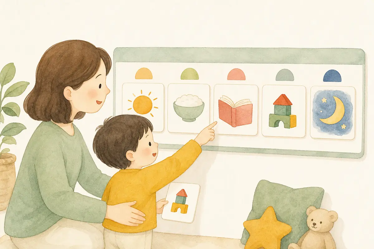 부모와 아이가 하루 일과 그림 차트를 살펴보는 수채 일러스트