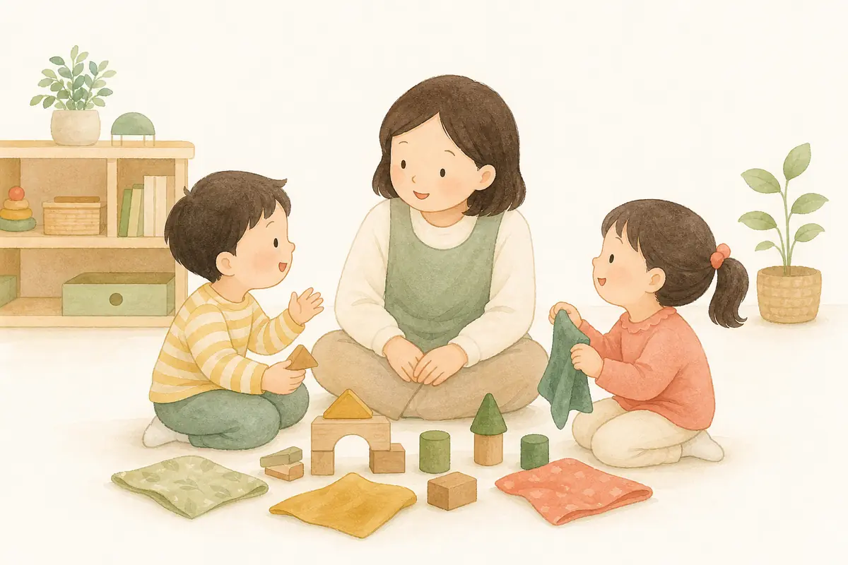 교사가 교실에서 아이들과 블록 놀이를 하는 수채 일러스트