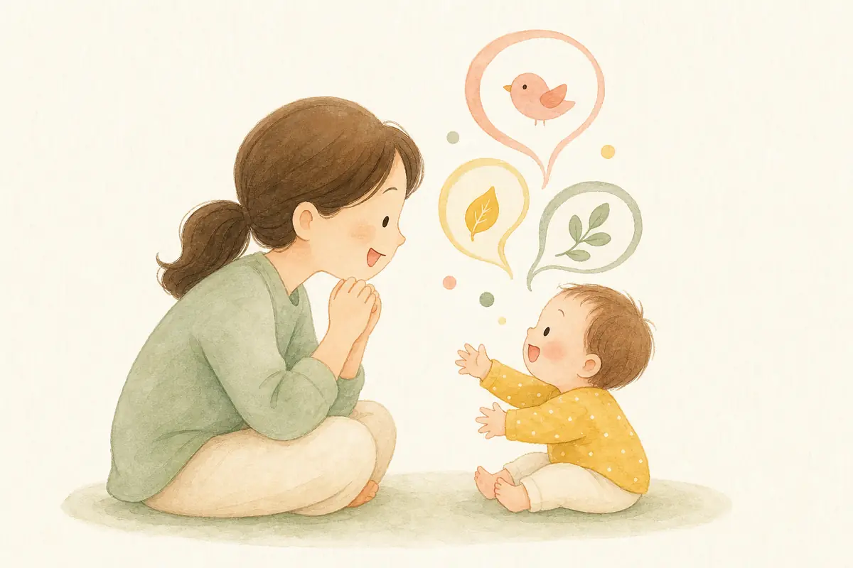 아기와 보호자가 말풍선을 사이에 두고 대화하는 수채 일러스트