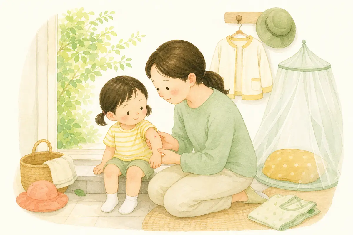 여름 외출 뒤 보호자가 아이 팔의 작은 벌레 물림 자국을 살피는 수채 일러스트