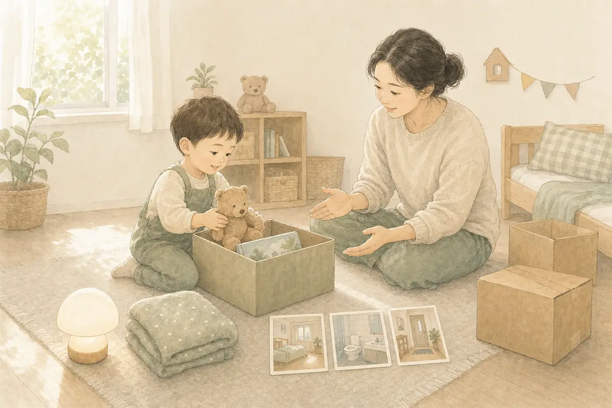 아이가 이사 첫날 상자에 익숙한 곰 인형과 그림책을 담고 보호자가 기다려 주는 수채 일러스트