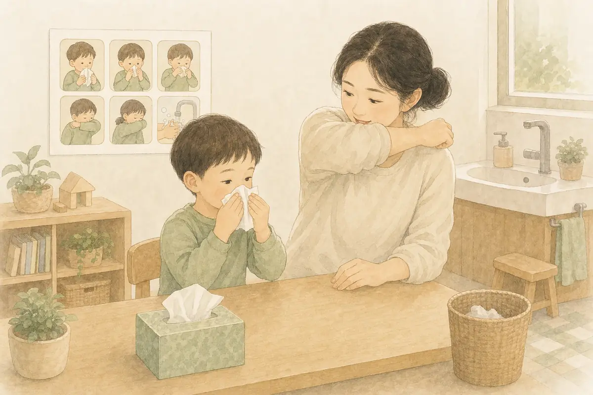 아이는 휴지로 코 풀기를 연습하고 보호자는 옷소매로 입과 코를 가리는 모습을 보여 주는 수채 일러스트