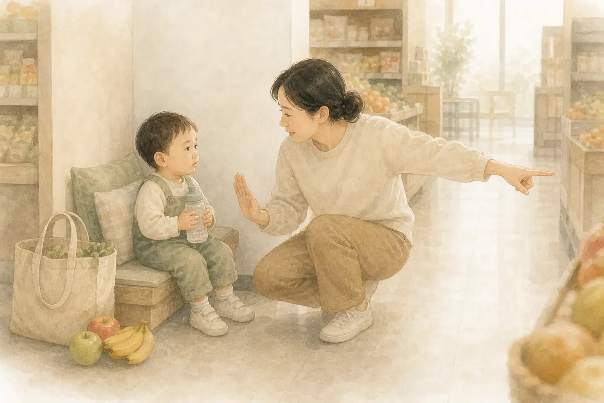 공공장소의 조용한 공간에서 아이가 물을 마시며 진정하고 보호자가 안전한 중간 퇴장을 안내하는 수채 일러스트