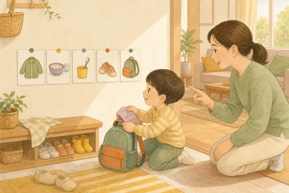 아이가 글자 없는 아침 순서 그림표를 보며 가방을 챙기고 보호자가 차분히 안내하는 수채 일러스트