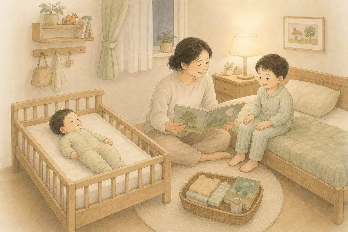 보호자가 두 아이와 그림책을 읽으며 각자의 안전한 잠자리로 이어지는 취침 흐름을 만드는 수채 일러스트