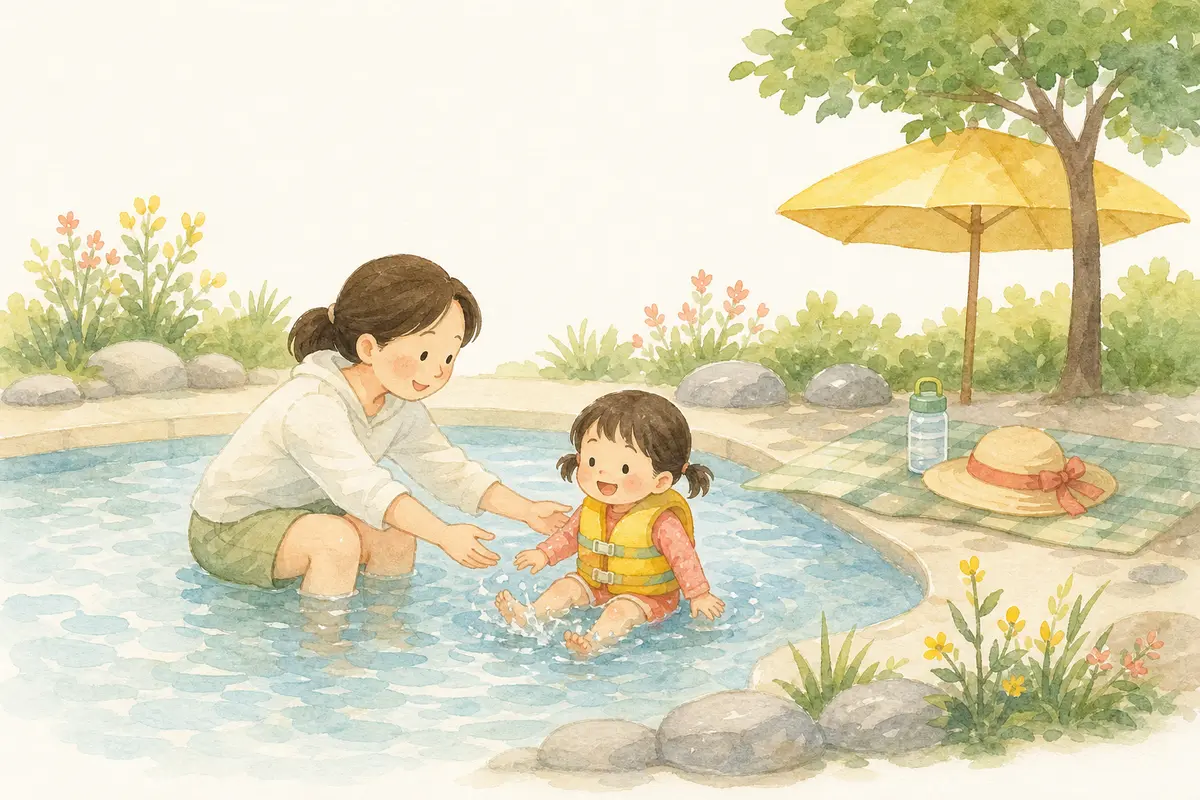 보호자가 팔을 뻗으면 닿는 거리에서 구명조끼를 입은 아이의 물놀이를 지켜보는 수채 일러스트