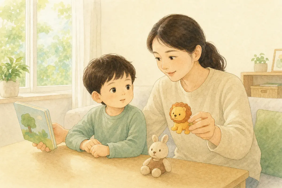 보호자가 밝은 거실에서 아이가 장난감을 두 눈으로 따라보는지 살피는 수채 일러스트