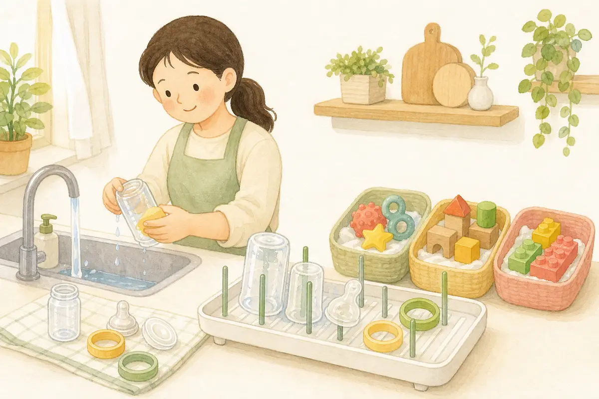 보호자가 분해한 젖병을 씻어 건조대에 놓고 장난감을 재질별로 정리하는 수채 일러스트