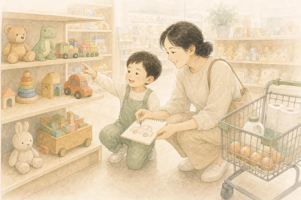 마트에서 아이가 갖고 싶은 장난감을 위시리스트에 그리고 보호자가 차분히 기다리는 수채 일러스트