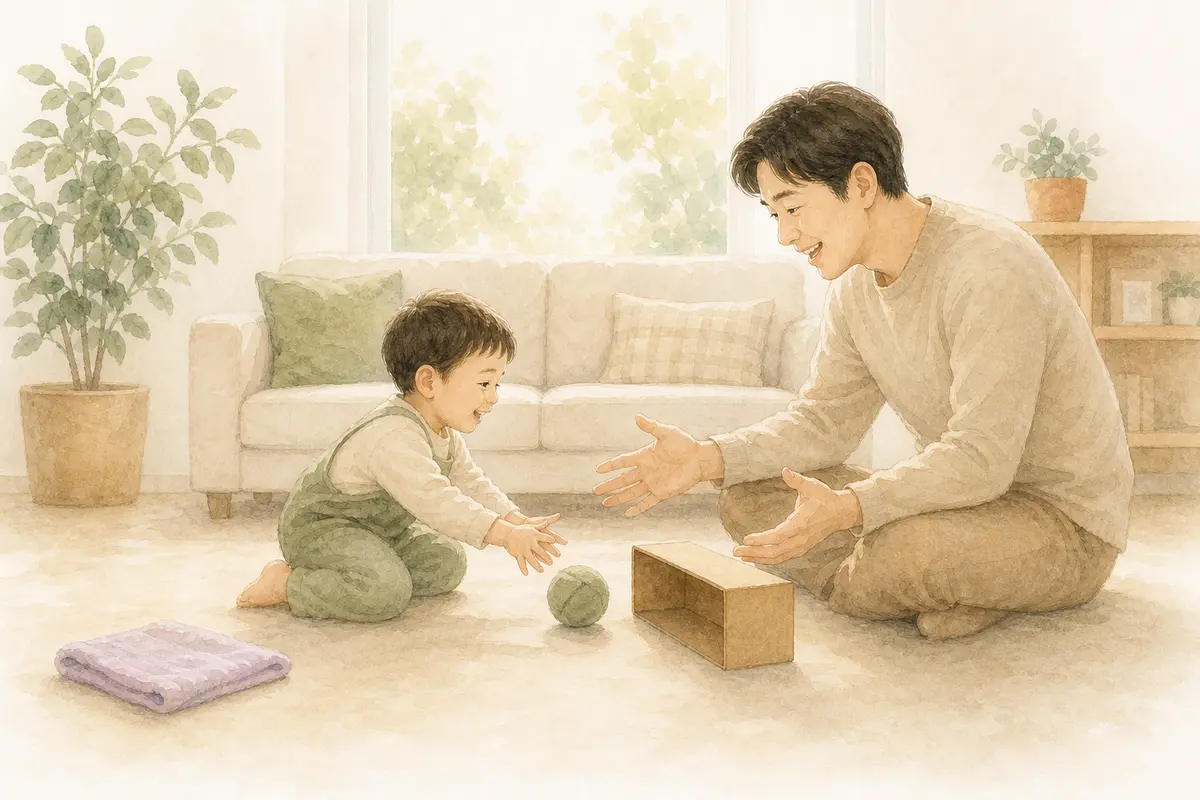 아빠와 아이가 안전한 거실 바닥에서 양말공을 함께 굴리는 수채 일러스트