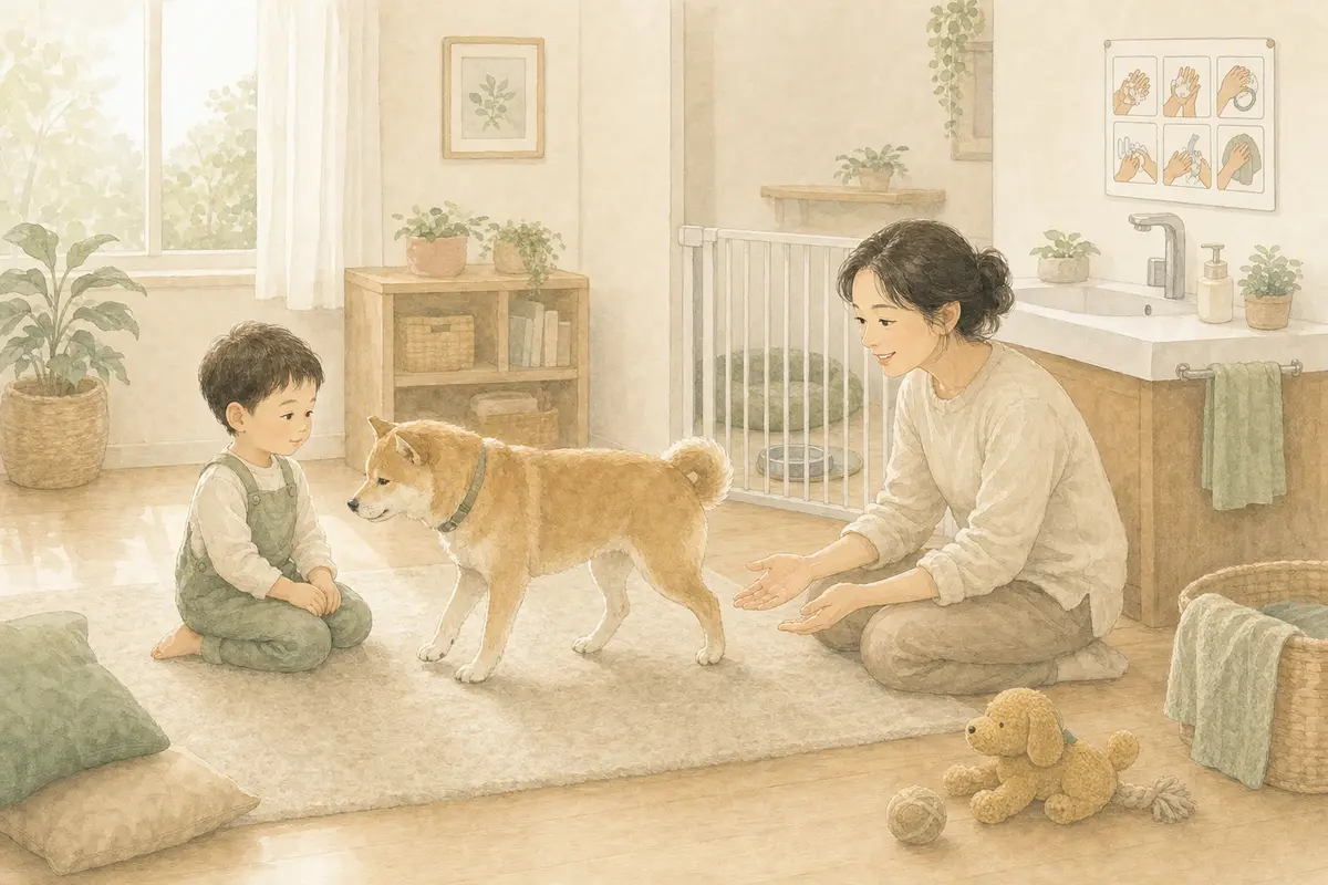 아이가 두 손을 무릎에 두고 반려견이 다가오기를 기다리며 보호자가 가까이서 지켜보는 수채 일러스트